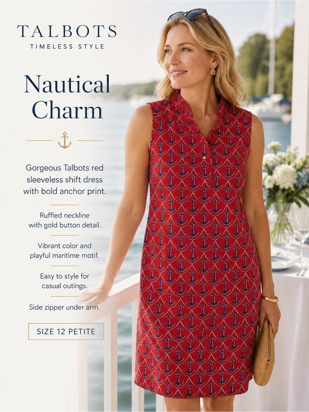 Talbots Red Nautical Anchor Print Sleeveless Shift Dress Size 12P